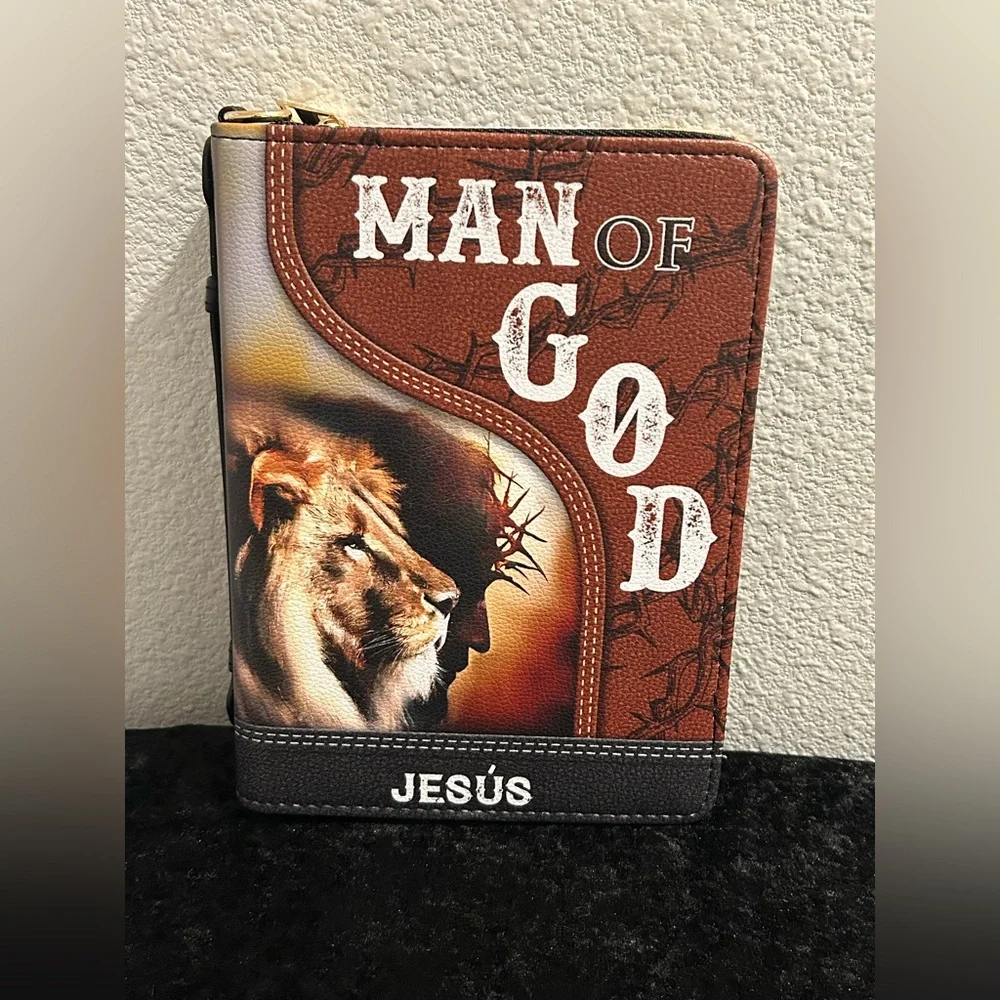 Man of God Bible Cover | PU Leather | Lion + Jesus Design | NWOT